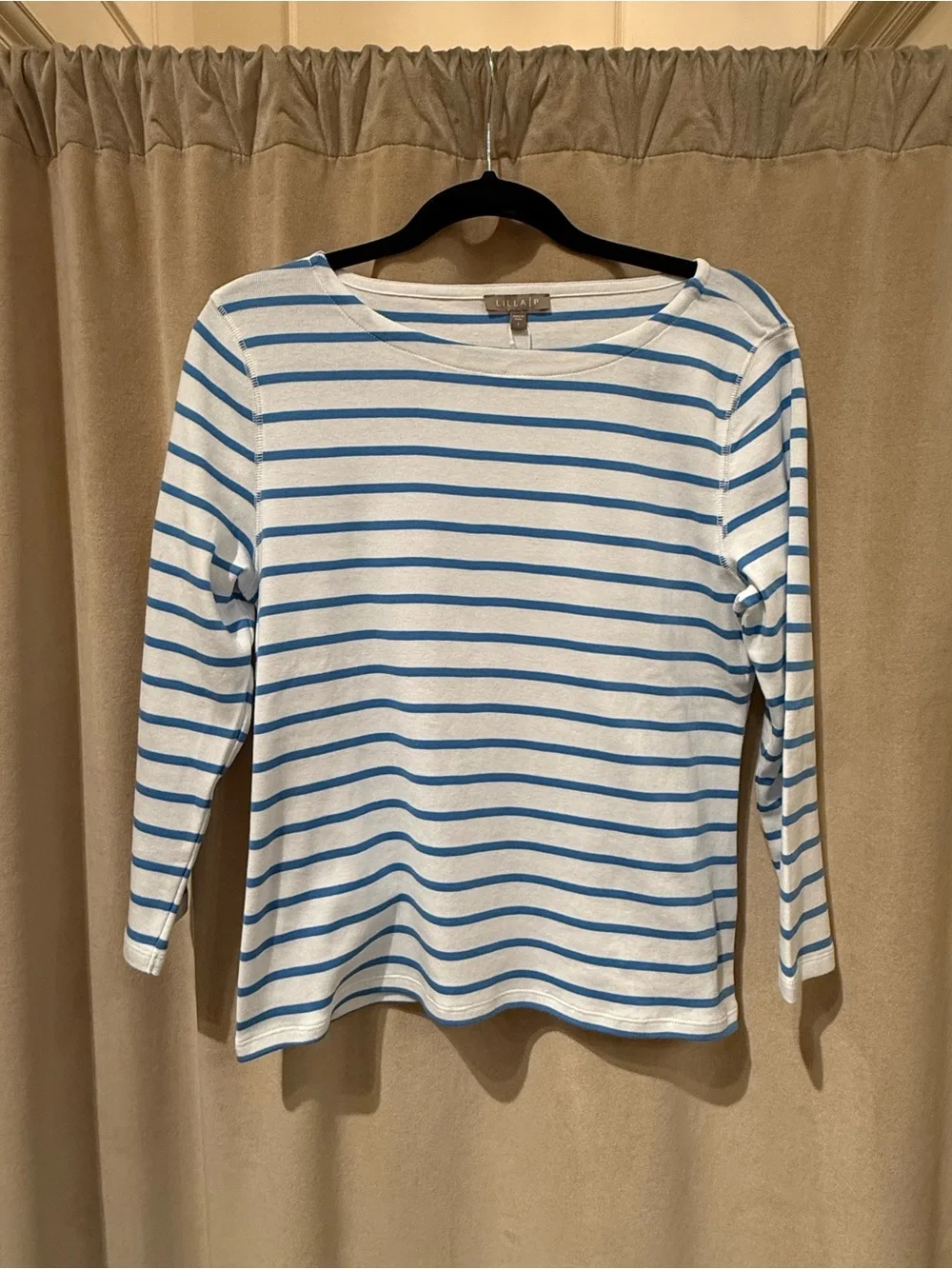 Lilla P Rib Stripe 3/4 Sleeve Boatneck tee